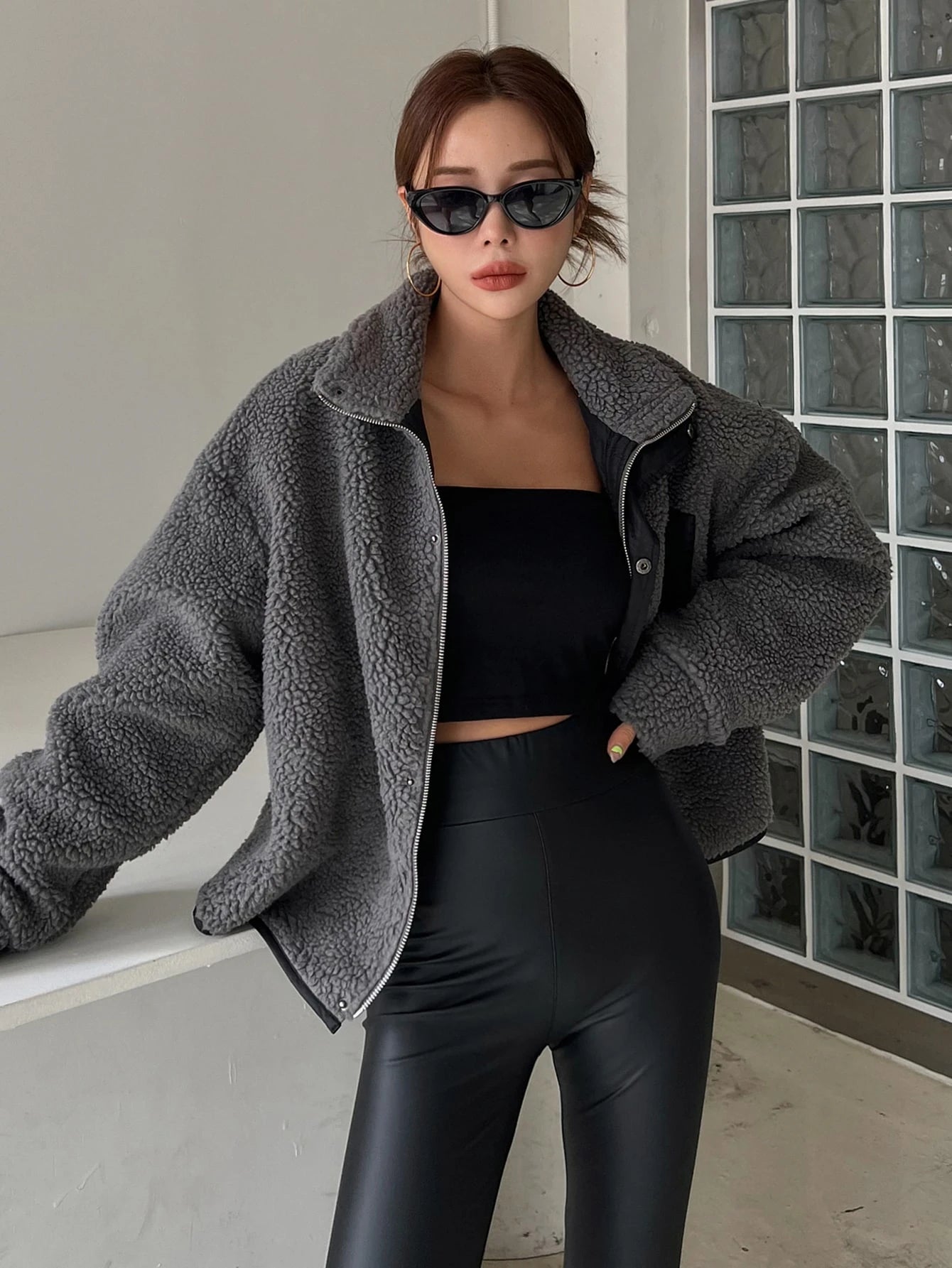 DAZY Zip up Drop Shoulder Teddy Jacket,Fall Women Clothes