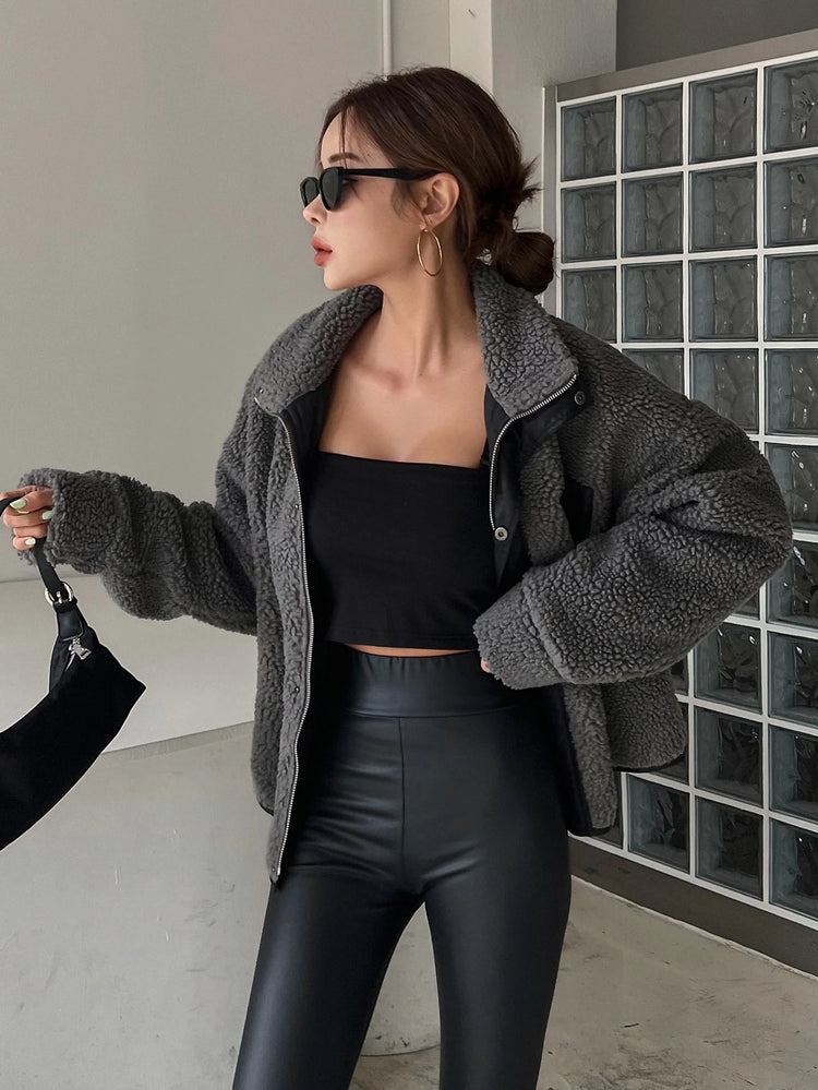 DAZY Zip up Drop Shoulder Teddy Jacket,Fall Women Clothes