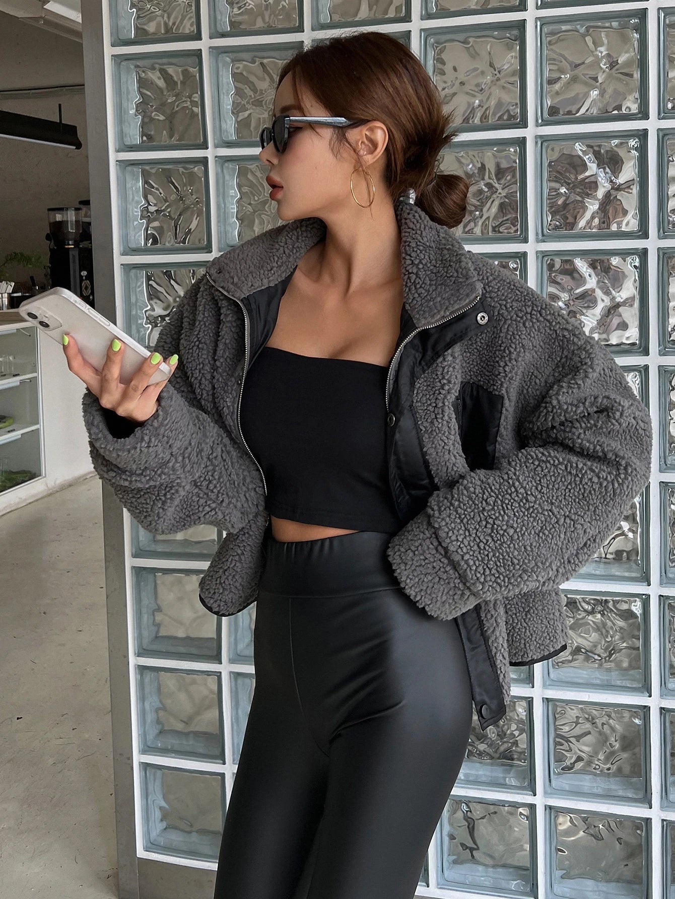 DAZY Zip up Drop Shoulder Teddy Jacket,Fall Women Clothes