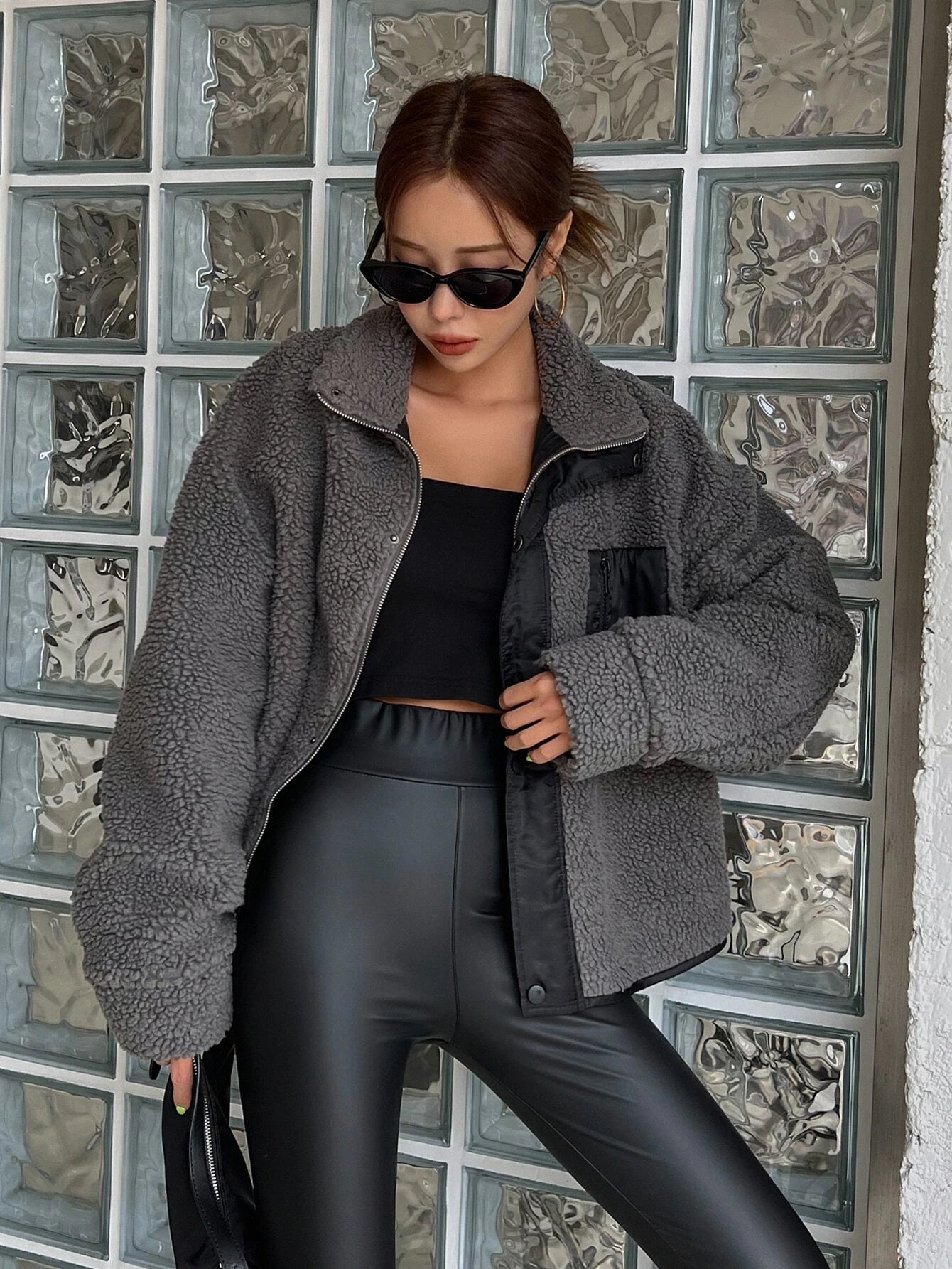 DAZY Zip up Drop Shoulder Teddy Jacket,Fall Women Clothes