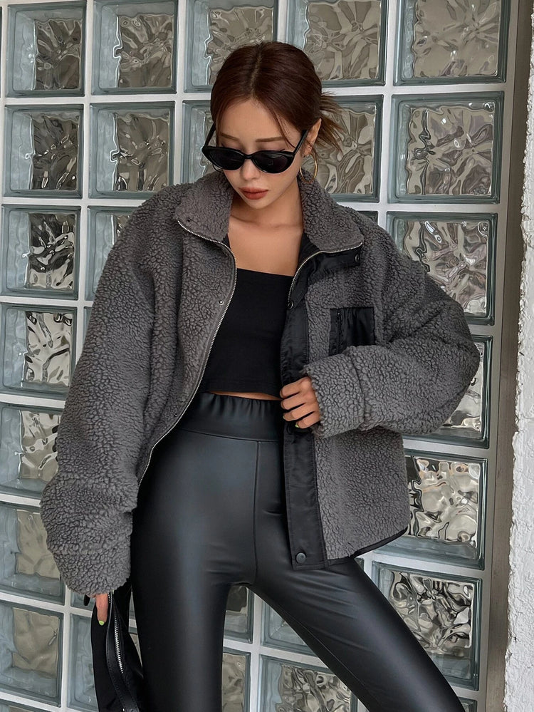 DAZY Zip up Drop Shoulder Teddy Jacket,Fall Women Clothes