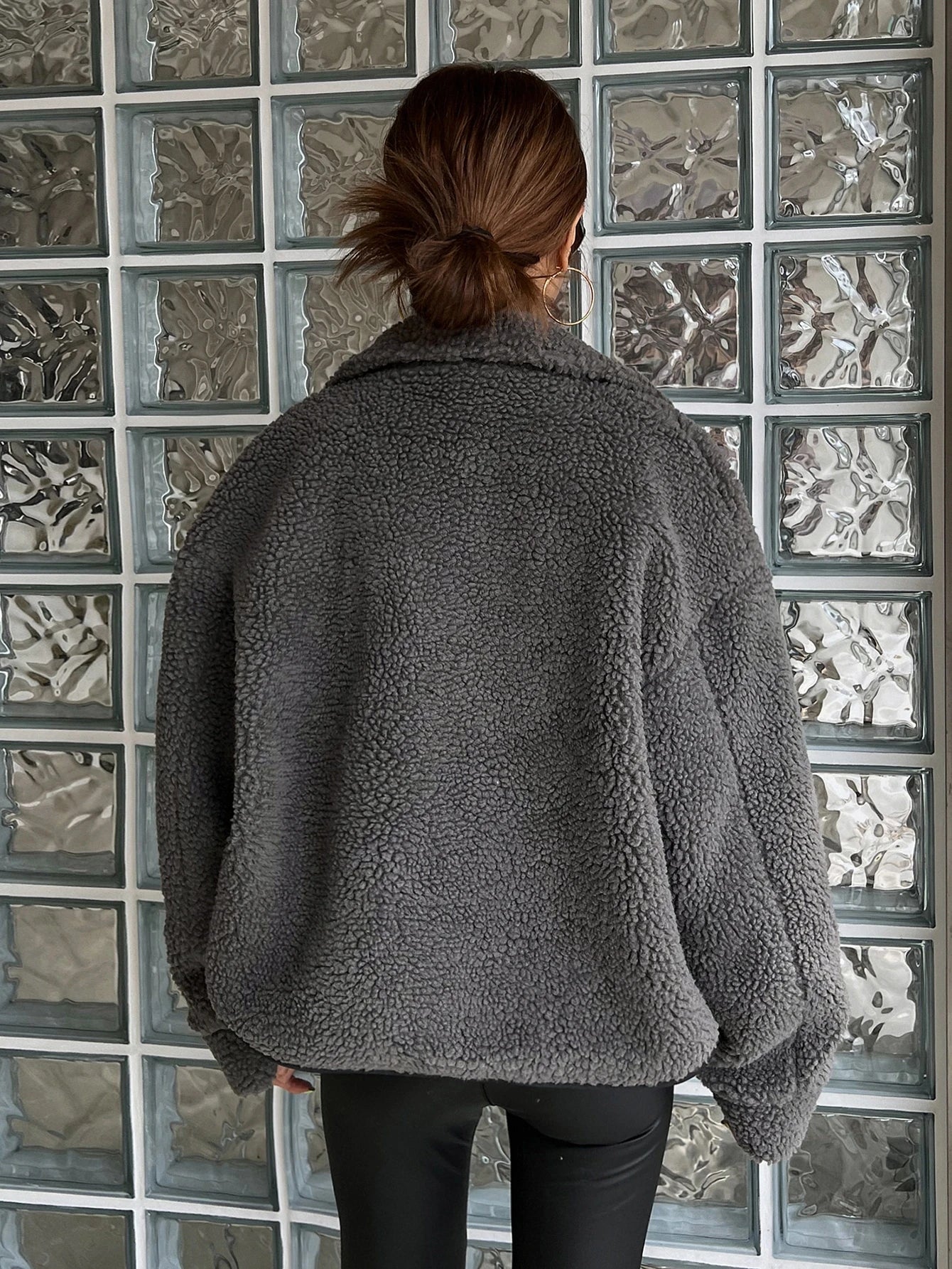 DAZY Zip up Drop Shoulder Teddy Jacket,Fall Women Clothes