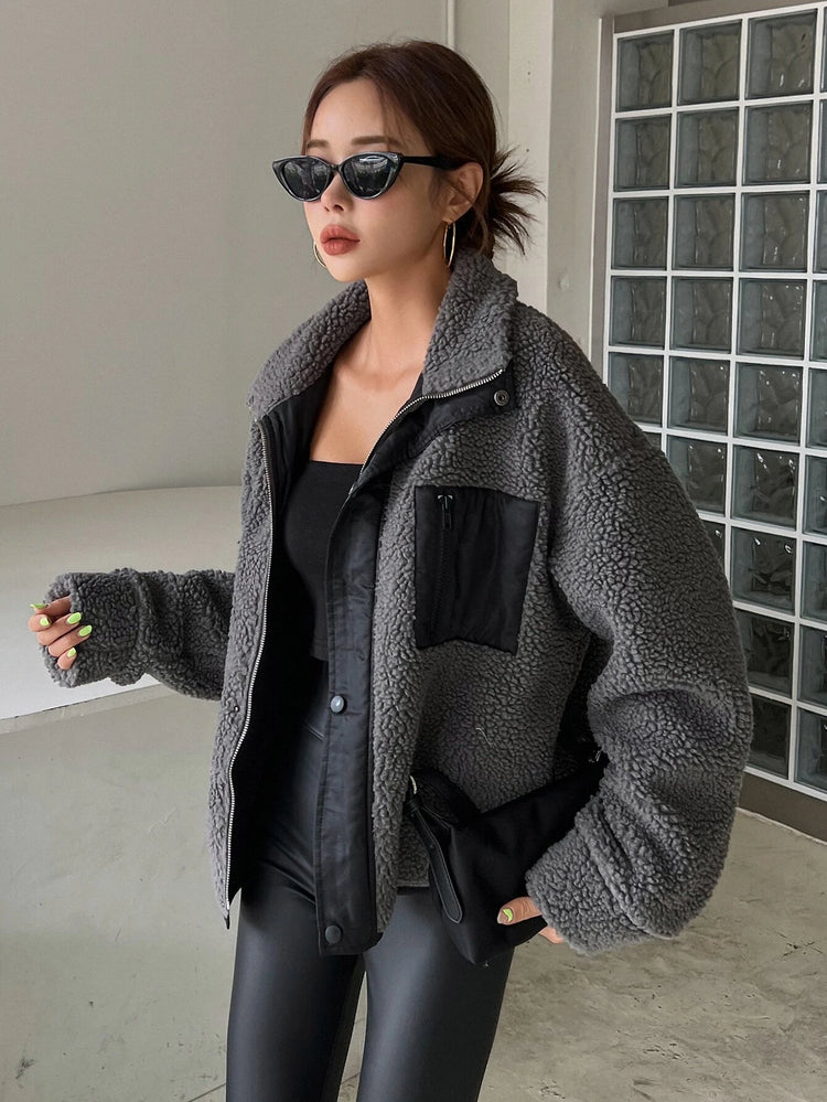 DAZY Zip up Drop Shoulder Teddy Jacket,Fall Women Clothes